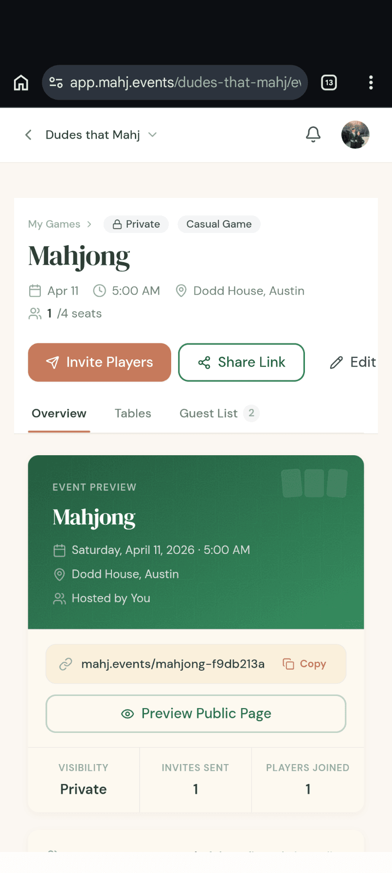 American Mahjong event page with RSVP seats, invite controls, and a public event preview